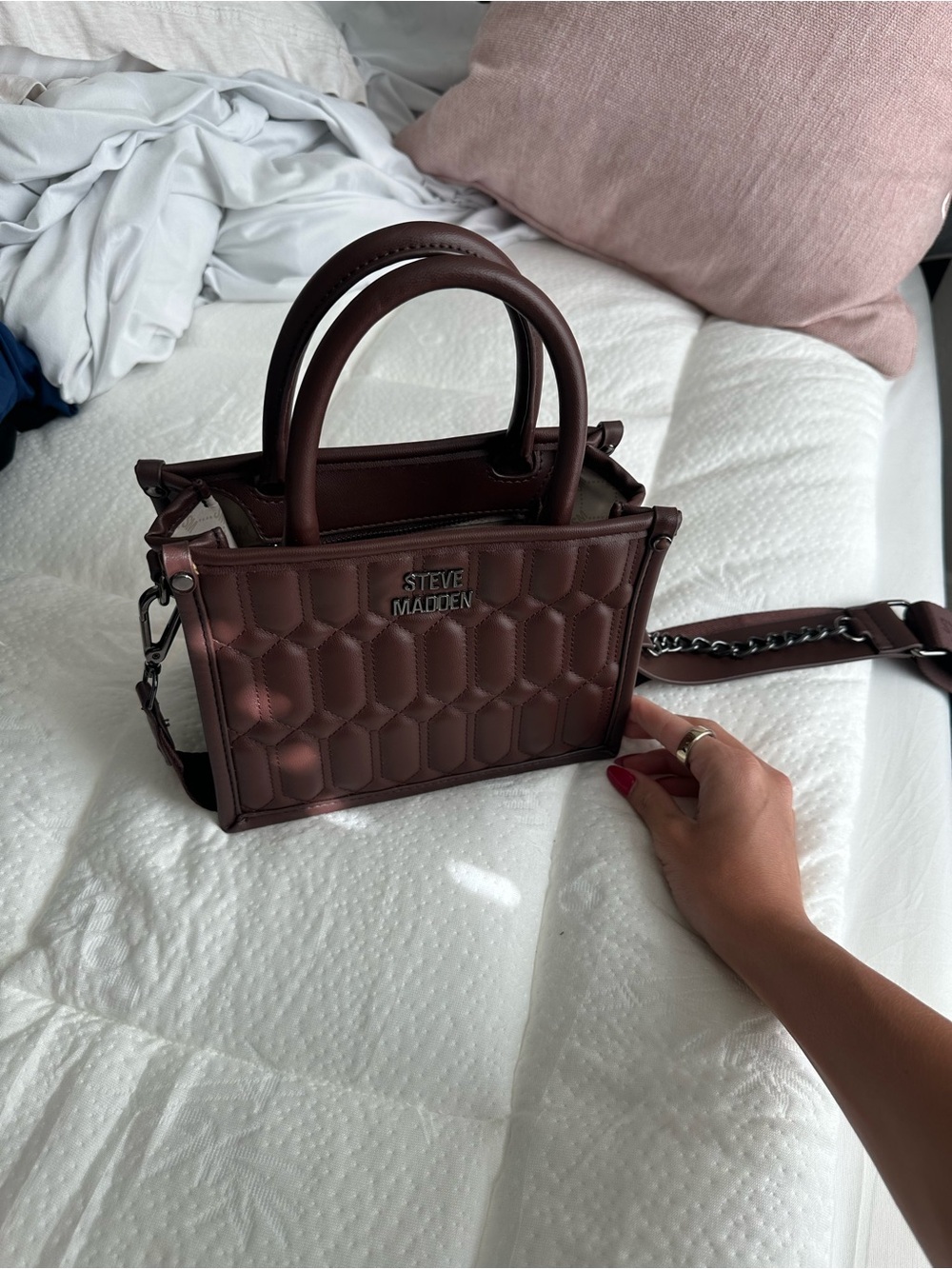 Steve Madden Brown Quilted Mini Tote with Chain Strap